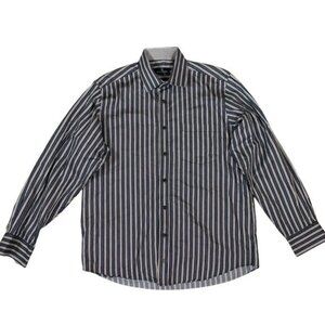 Bugatchi Uomo Striped Button Up‎ Shirt Long Sleeve Classic Fit Cotton Bue Large